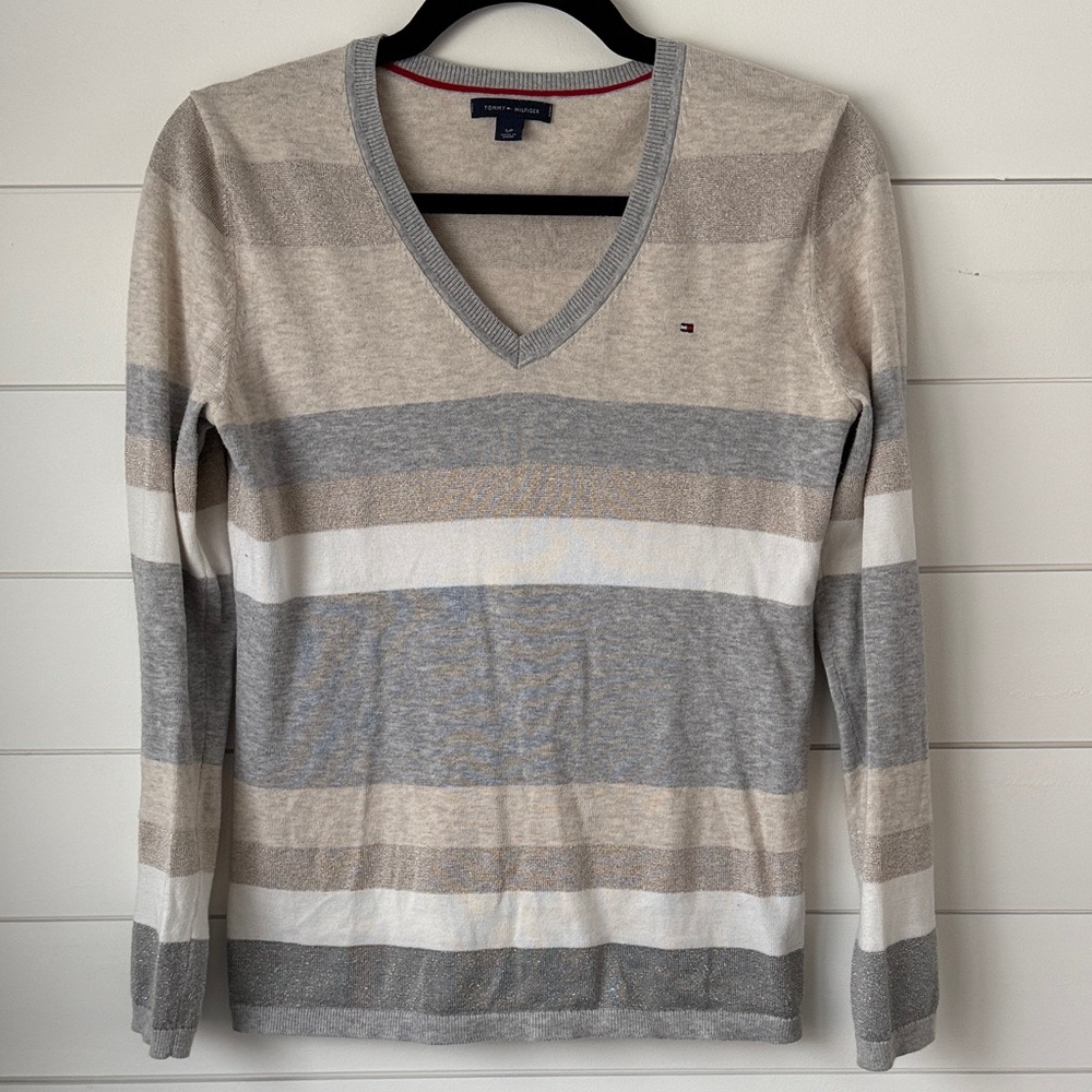 Tommy Hilfiger Gray and Beige V-Neck Sweater
